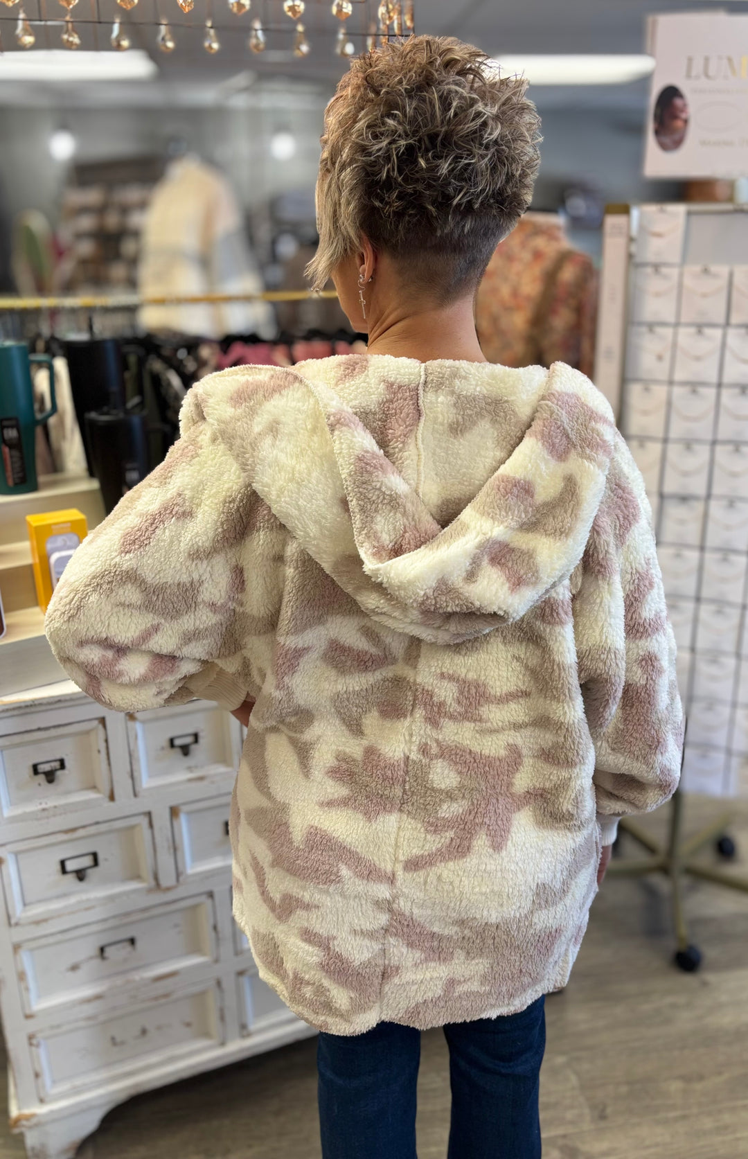 Tickle Me Pink Camo Sherpa Jacket-Tops-Hem & Thread-Evergreen Boutique, Women’s Fashion Boutique in Santa Claus, Indiana