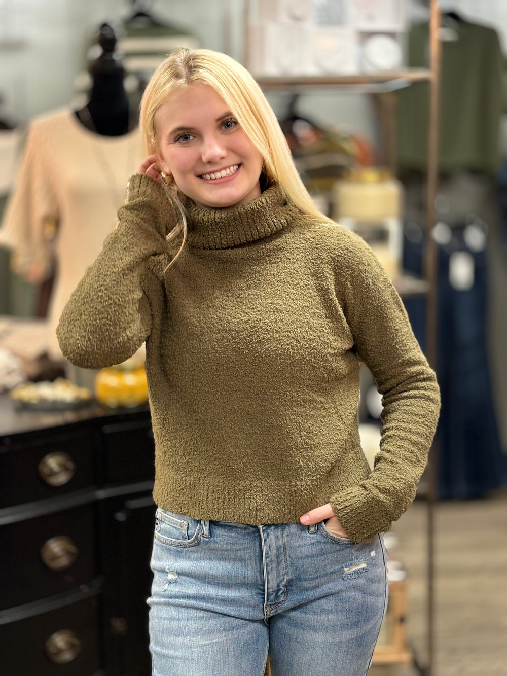 Olive Garden Turtleneck Sweater-Sweaters-42 Pops-Evergreen Boutique, Women’s Fashion Boutique in Santa Claus, Indiana