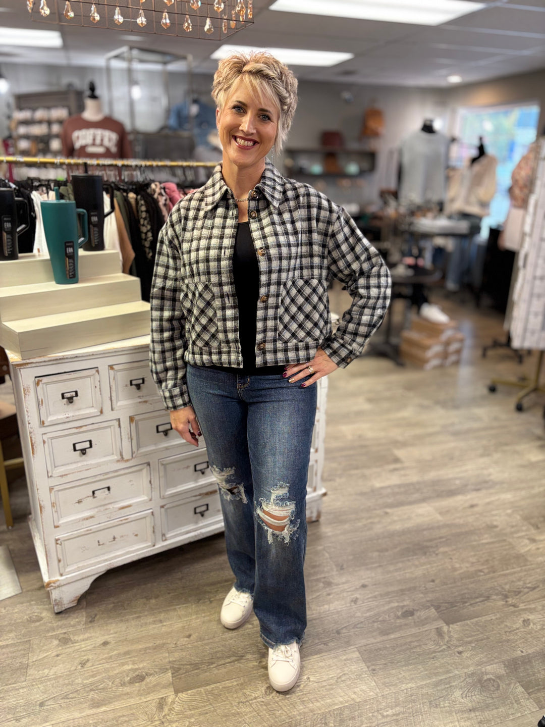Chill Check Plaid Short Jacket-Tops-HYFVE-Evergreen Boutique, Women’s Fashion Boutique in Santa Claus, Indiana