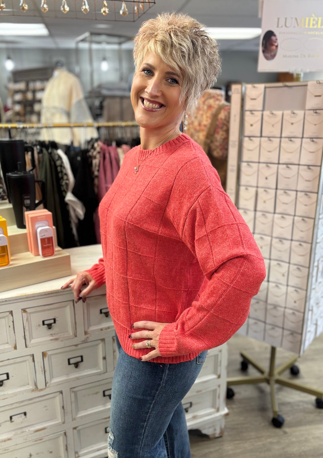 Windowpane Two Tone Knit Sweater-Tops-La Miel-Evergreen Boutique, Women’s Fashion Boutique in Santa Claus, Indiana
