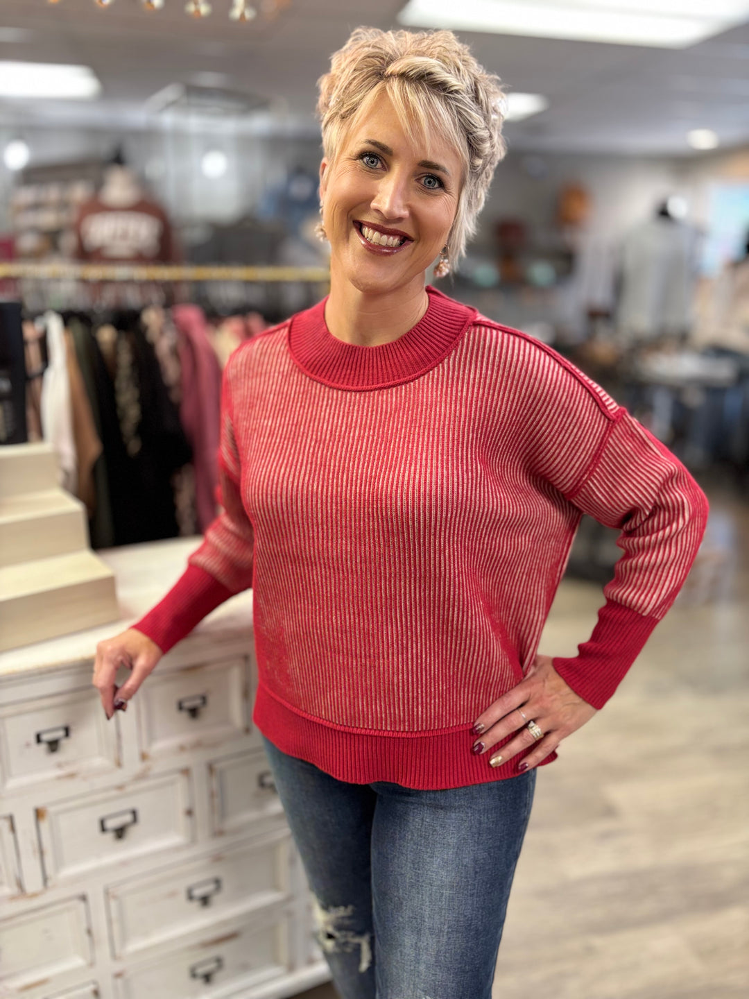 Double Take Exposed Seam Two Tone Sweater-Tops-Zenana-Evergreen Boutique, Women’s Fashion Boutique in Santa Claus, Indiana