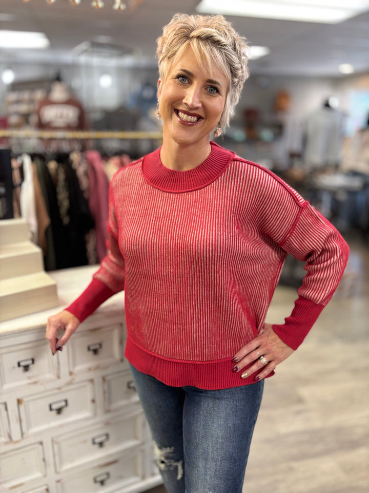 Double Take Exposed Seam Two Tone Sweater-Tops-Zenana-Evergreen Boutique, Women’s Fashion Boutique in Santa Claus, Indiana