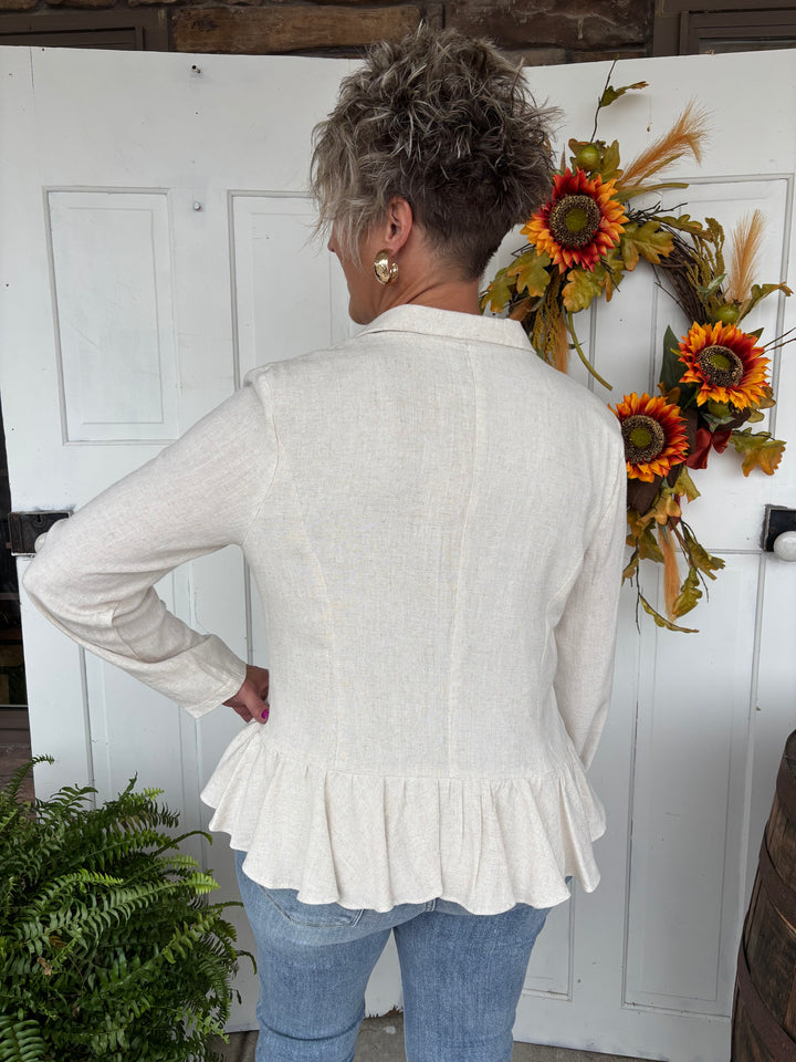 The Lila Ruffle Button Up Blazer-Jackets-NoaBoa-Evergreen Boutique, Women’s Fashion Boutique in Santa Claus, Indiana