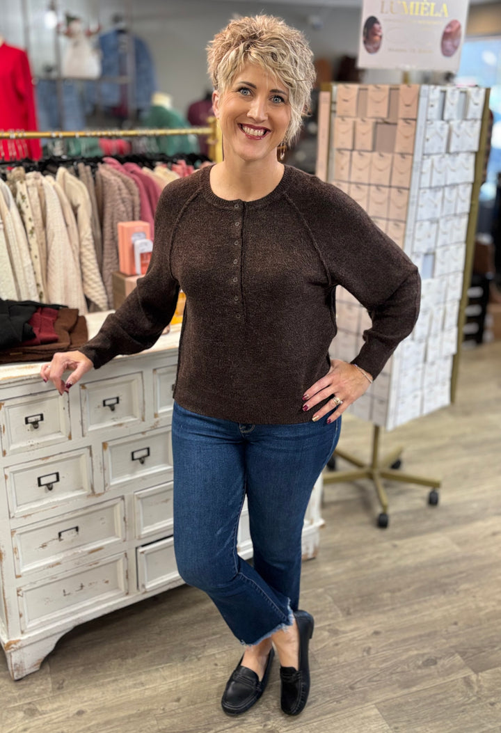 Raglan Sleeve Henley Relaxed Sweater-Tops-Blu Pepper-Evergreen Boutique, Women’s Fashion Boutique in Santa Claus, Indiana