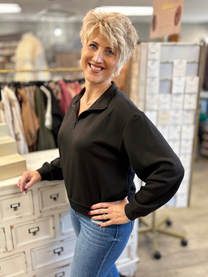 Hit Replay Half Zip Scuba Pullover by Zenana-Tops-Zenana-Evergreen Boutique, Women’s Fashion Boutique in Santa Claus, Indiana