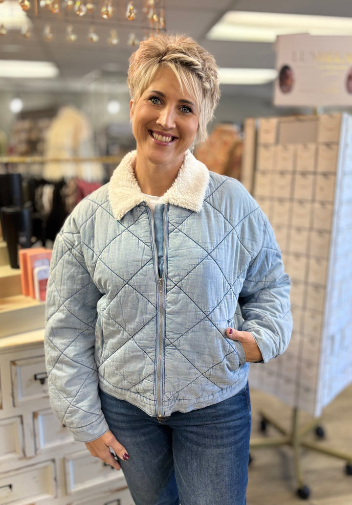 Quilted Chill Sherpa Collar Denim Jacket