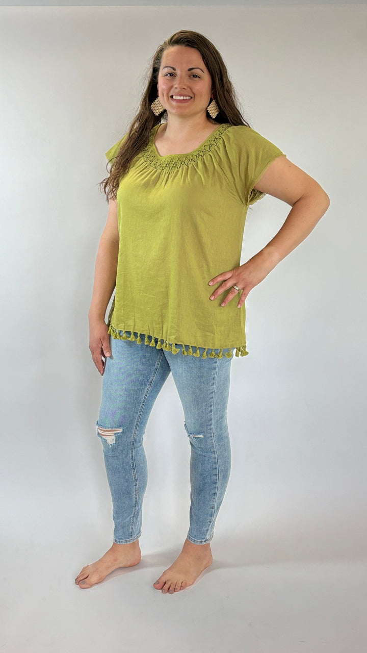 East Fork Tassel Top-Short Sleeves-Easel-Evergreen Boutique, Women’s Fashion Boutique in Santa Claus, Indiana