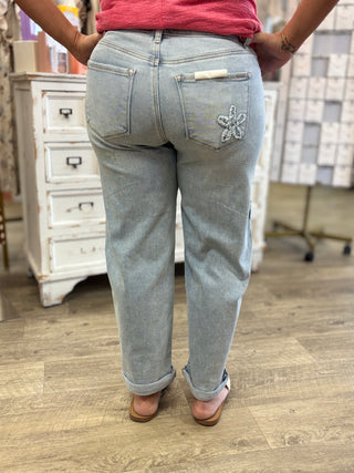 Flower Patch Detail Barrel Jeans
