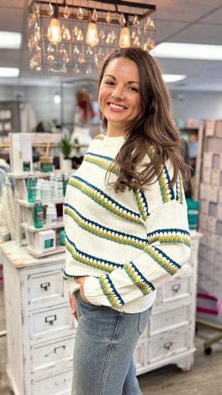 Teal and olive striped knit sweater with crew neckline