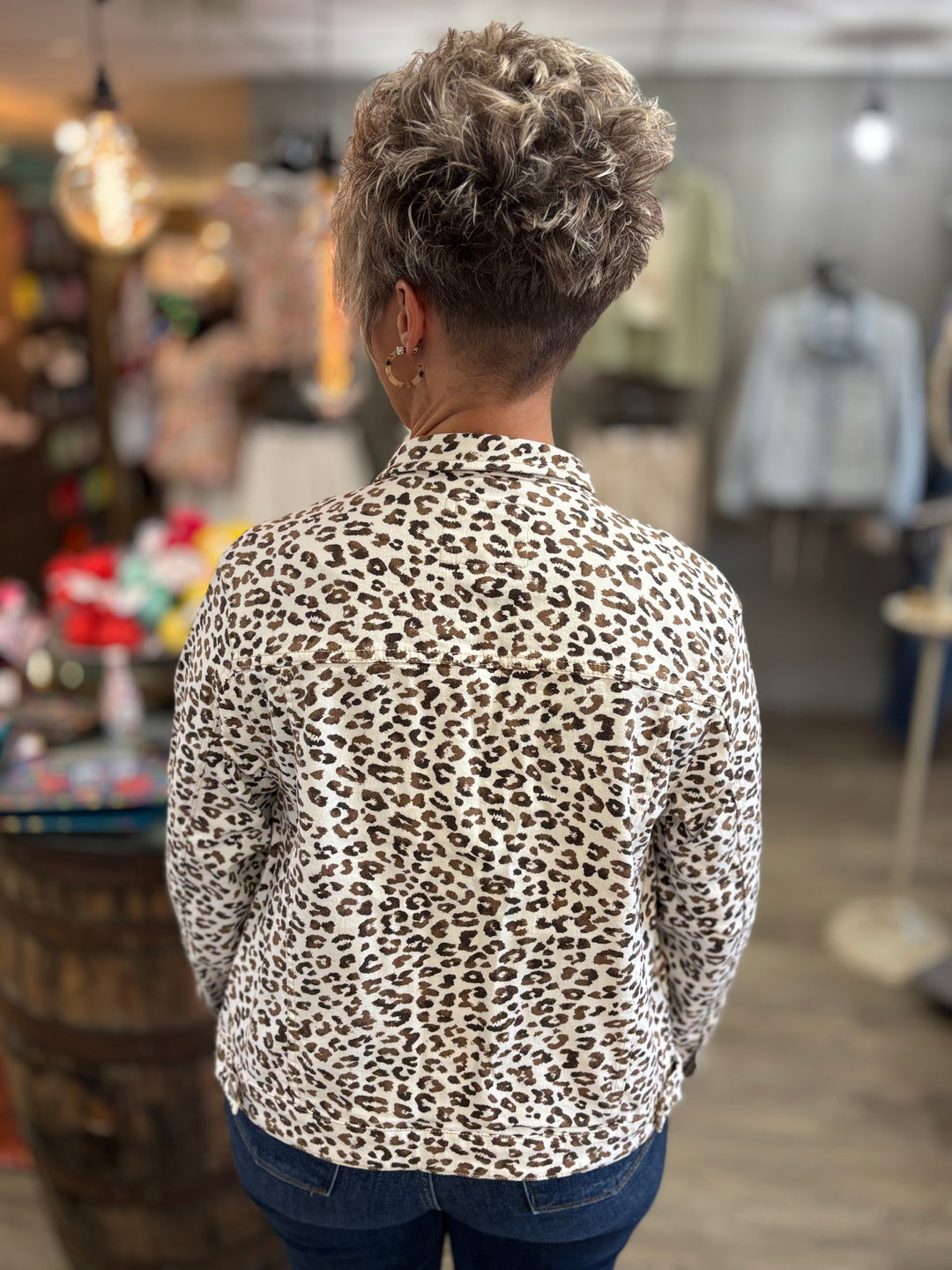 Risen Snow Leopard Jean Jacket-Jackets-Risen-Evergreen Boutique, Women’s Fashion Boutique in Santa Claus, Indiana