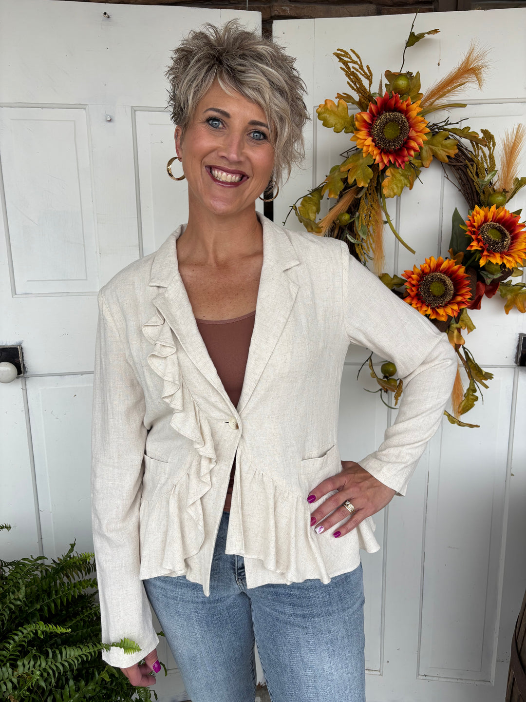 The Lila Ruffle Button Up Blazer-Jackets-NoaBoa-Evergreen Boutique, Women’s Fashion Boutique in Santa Claus, Indiana