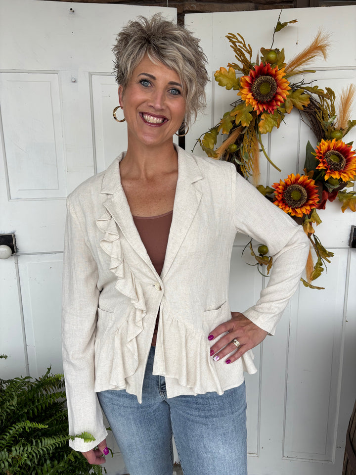 The Lila Ruffle Button Up Blazer-Jackets-NoaBoa-Evergreen Boutique, Women’s Fashion Boutique in Santa Claus, Indiana