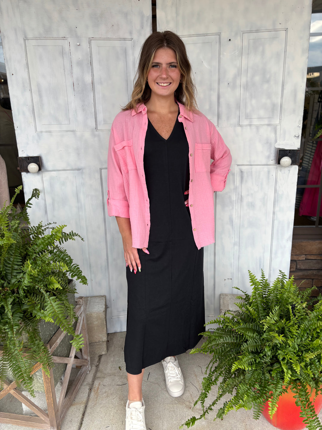 Think Pink Button Down Top-Tops-Zenana-Evergreen Boutique, Women’s Fashion Boutique in Santa Claus, Indiana