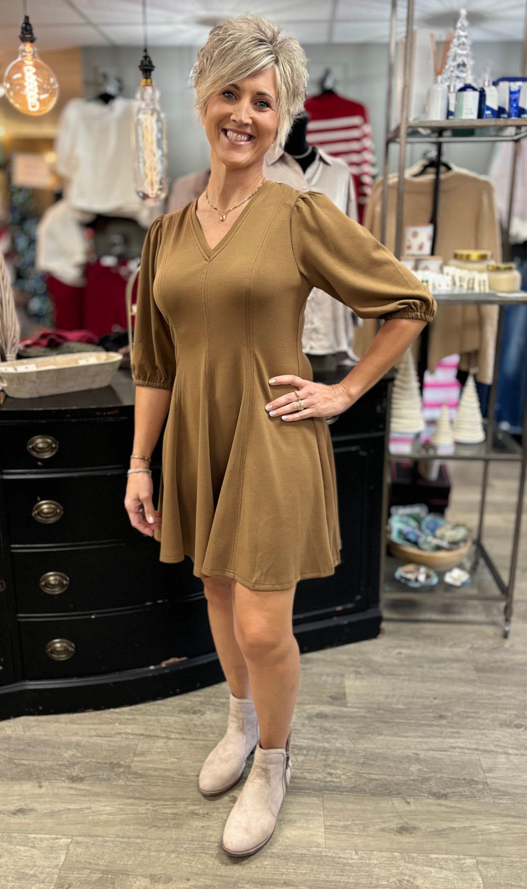 Half Sleeve V Neckline Flared Knit Dress-Evergreen Boutique-Evergreen Boutique, Women’s Fashion Boutique in Santa Claus, Indiana