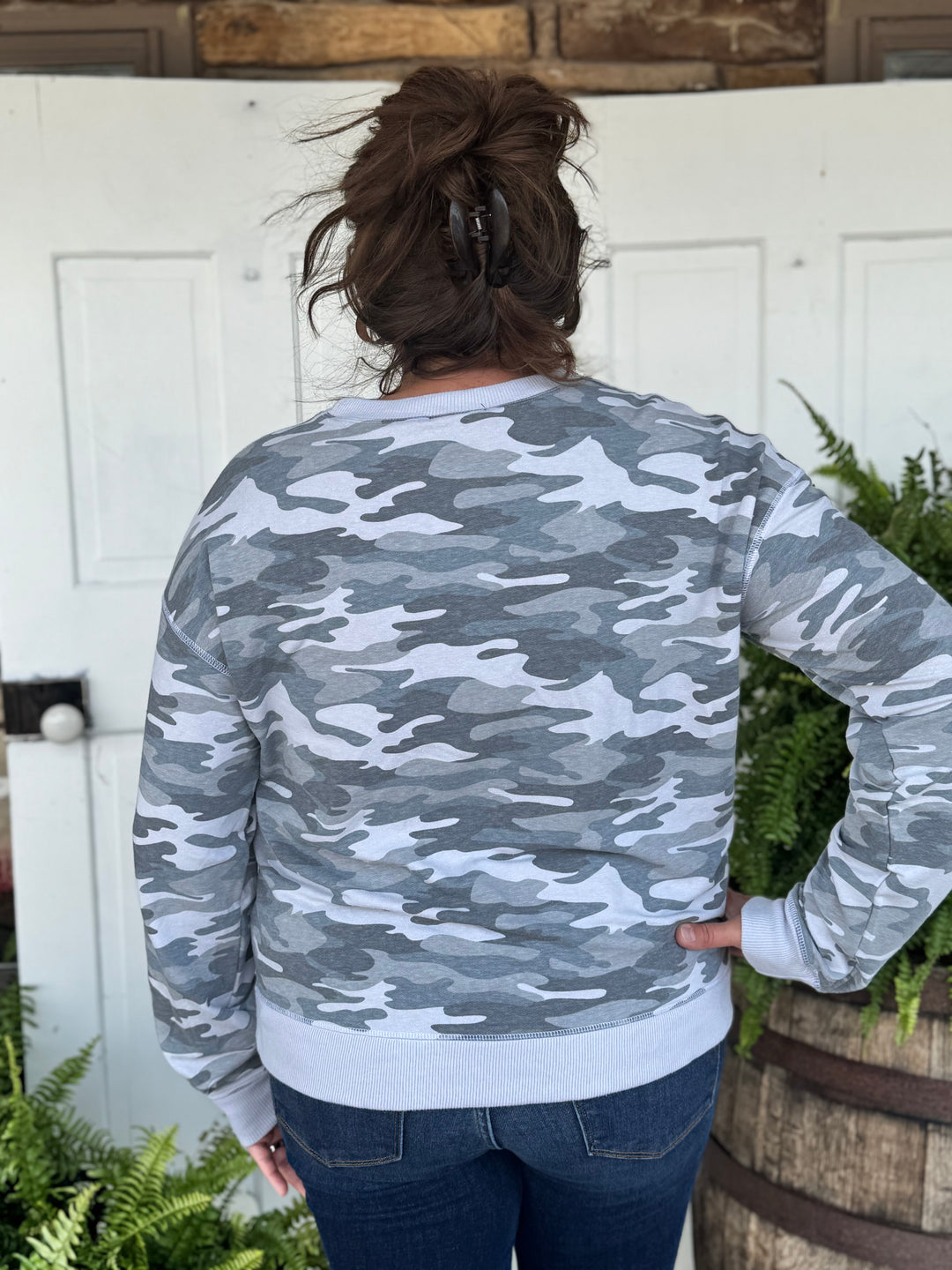 Camo French Terry Crew Neck-Tops-Timing-Evergreen Boutique, Women’s Fashion Boutique in Santa Claus, Indiana