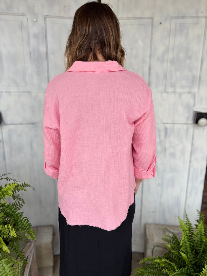 Think Pink Button Down Top-Tops-Zenana-Evergreen Boutique, Women’s Fashion Boutique in Santa Claus, Indiana