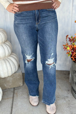 Judy Blue High Waist 90's Knee Destroy Straight-Denim-JUDY BLUE-Evergreen Boutique, Women’s Fashion Boutique in Santa Claus, Indiana