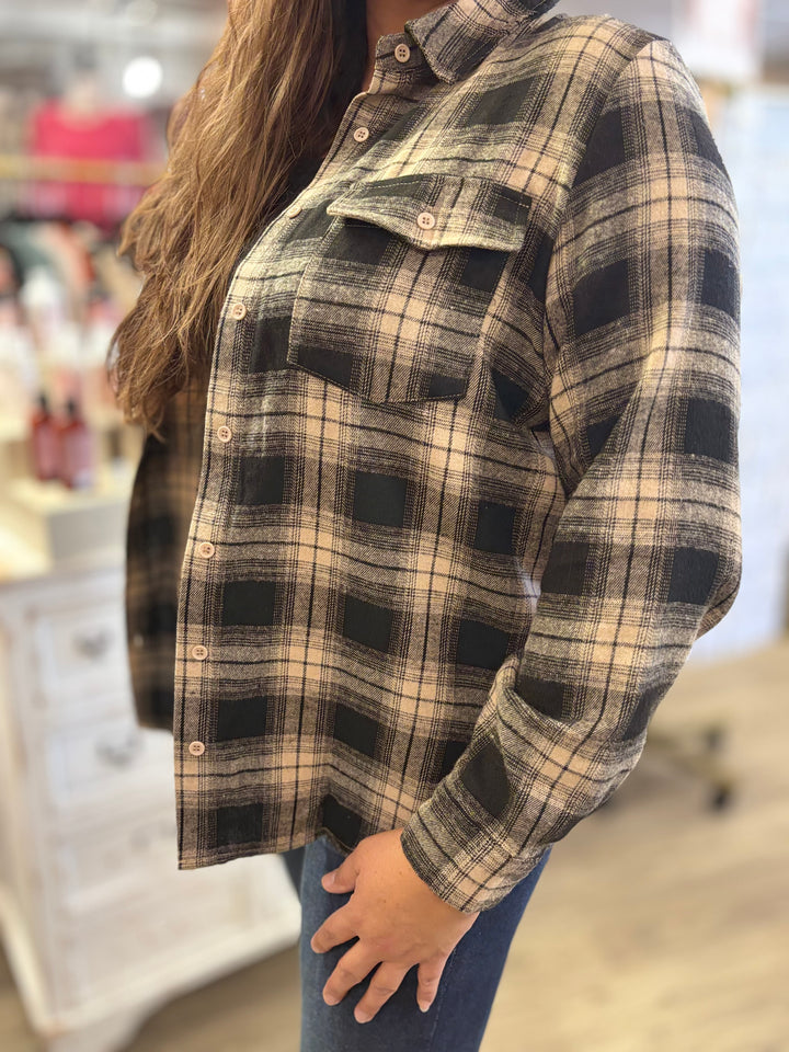 The Retro Plaid Button Down Shacket-Tops-Kentce-Evergreen Boutique, Women’s Fashion Boutique in Santa Claus, Indiana