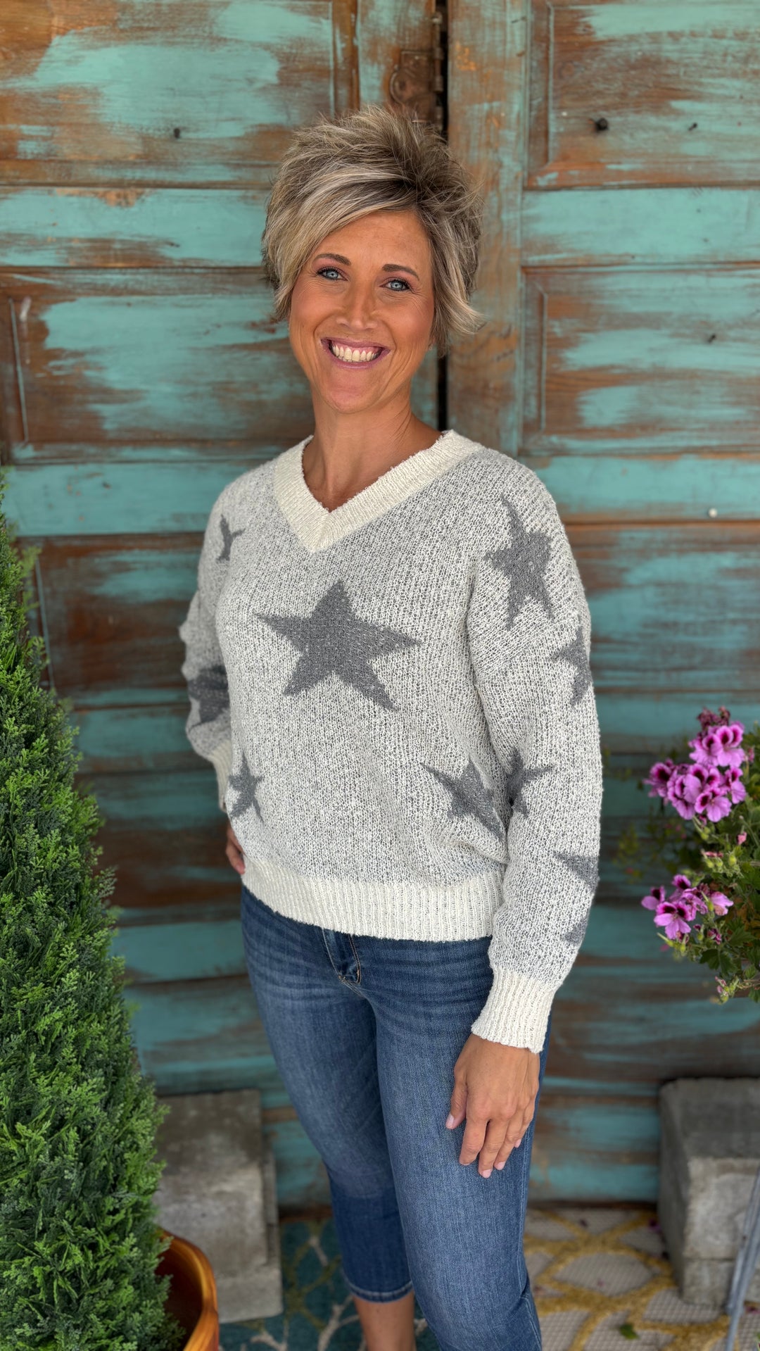 Stella V Neck Star Sweater-Sweaters-Gilli-Evergreen Boutique, Women’s Fashion Boutique in Santa Claus, Indiana