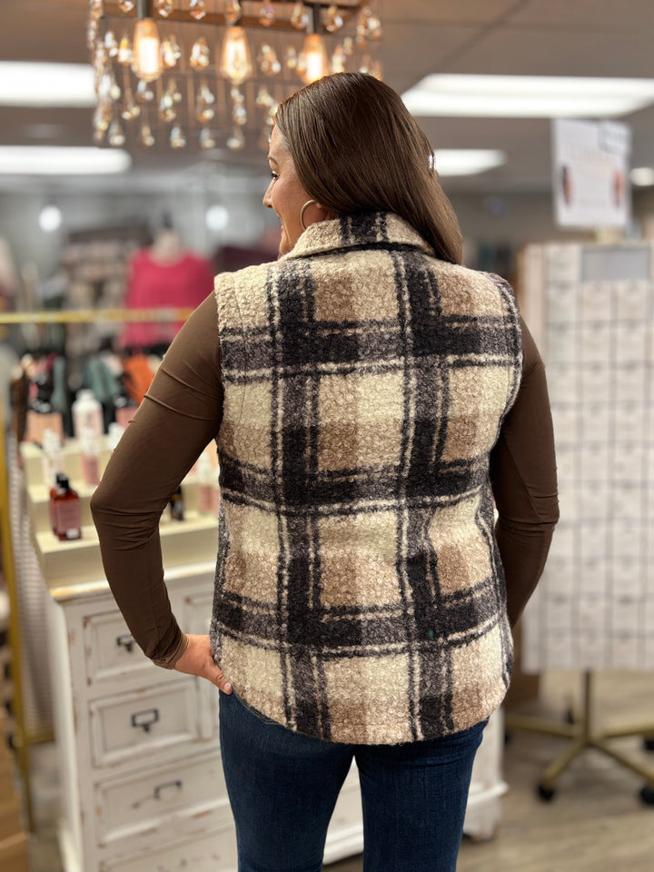 City Lights Plaid Button Down Vest-Tops-Hem & Thread-Evergreen Boutique, Women’s Fashion Boutique in Santa Claus, Indiana