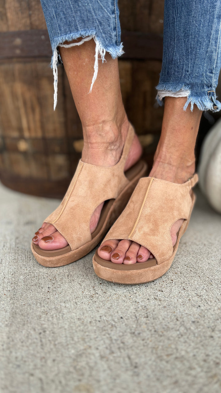 Corkys Carley Too Wedges, Black, Camel Faux Suede-Sandals-Corkys-Evergreen Boutique, Women’s Fashion Boutique in Santa Claus, Indiana