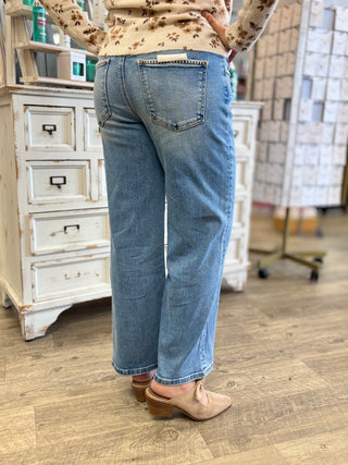 Risen High Rise Whipstitch Wide Leg Jeans