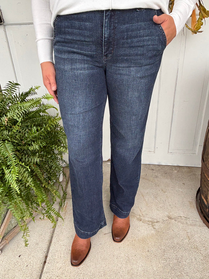 Judy Blue High Waist Double Button Wide Leg Denim Jeans-Denim-Judy Blue-Evergreen Boutique, Women’s Fashion Boutique in Santa Claus, Indiana