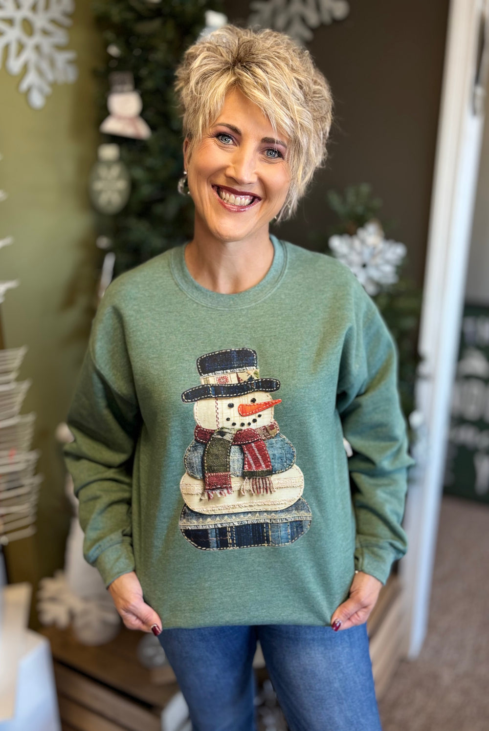 Patchwork Snowman Sweatshirt-Tops-Trendy Tee Co.-Evergreen Boutique, Women’s Fashion Boutique in Santa Claus, Indiana