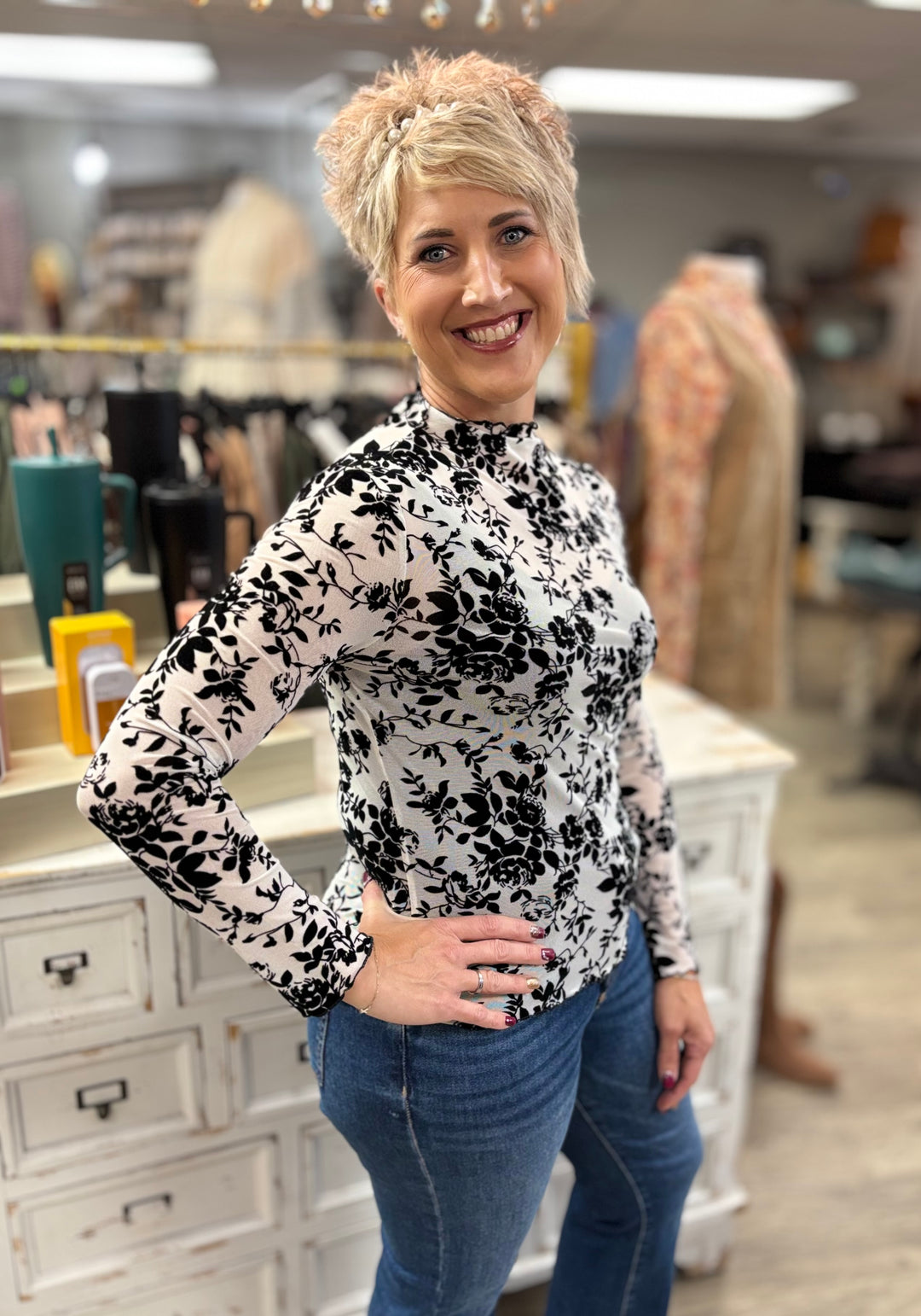 Floral Velvet Sheer Top-Tops-Zutter-Evergreen Boutique, Women’s Fashion Boutique in Santa Claus, Indiana