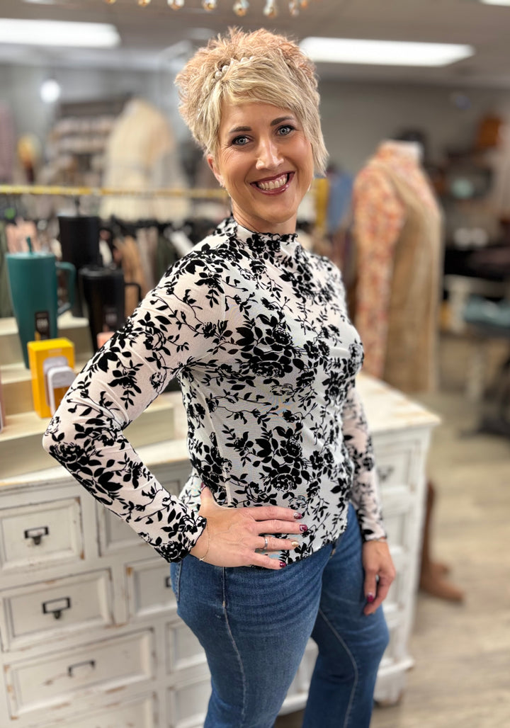 Floral Velvet Sheer Top-Tops-Zutter-Evergreen Boutique, Women’s Fashion Boutique in Santa Claus, Indiana