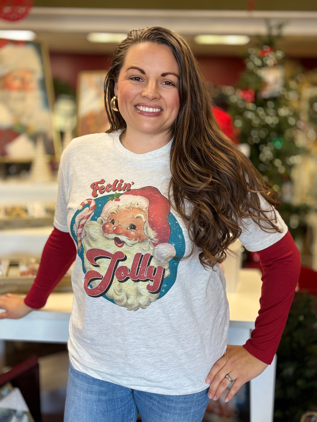 Retro Christmas Feeling Joly Santa Graphic Tee-Tops-The Way Down South-Evergreen Boutique, Women’s Fashion Boutique in Santa Claus, Indiana