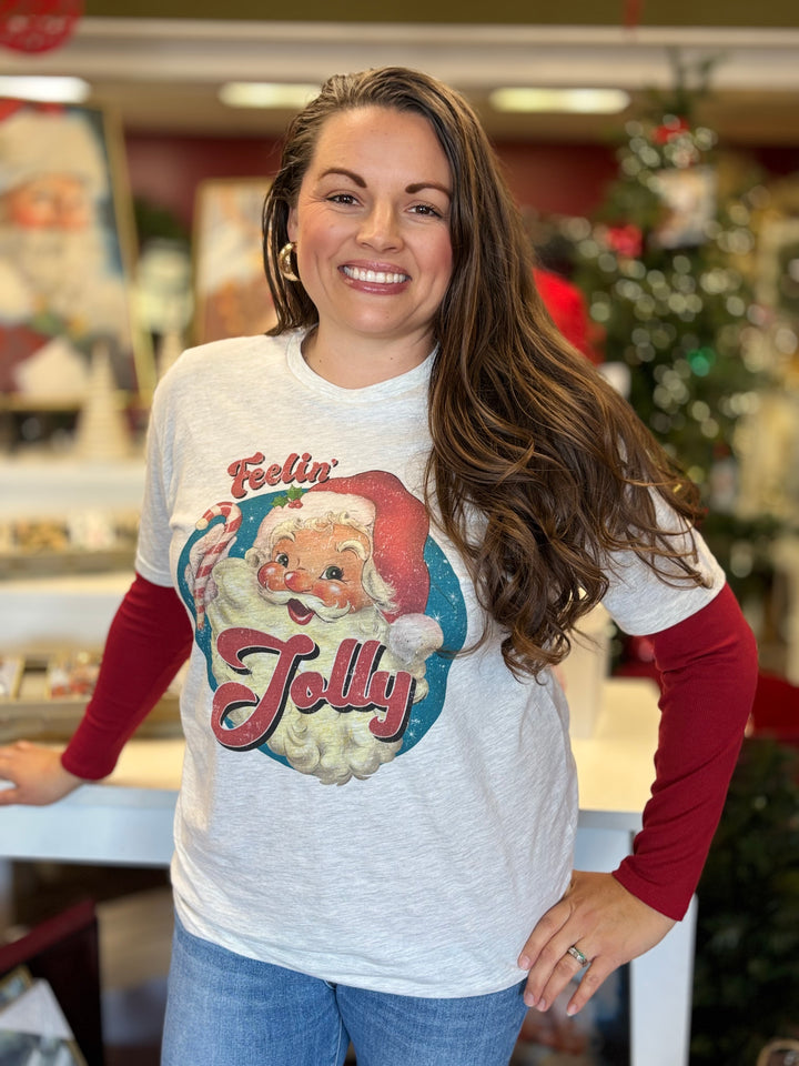 Retro Christmas Feeling Joly Santa Graphic Tee-Tops-The Way Down South-Evergreen Boutique, Women’s Fashion Boutique in Santa Claus, Indiana