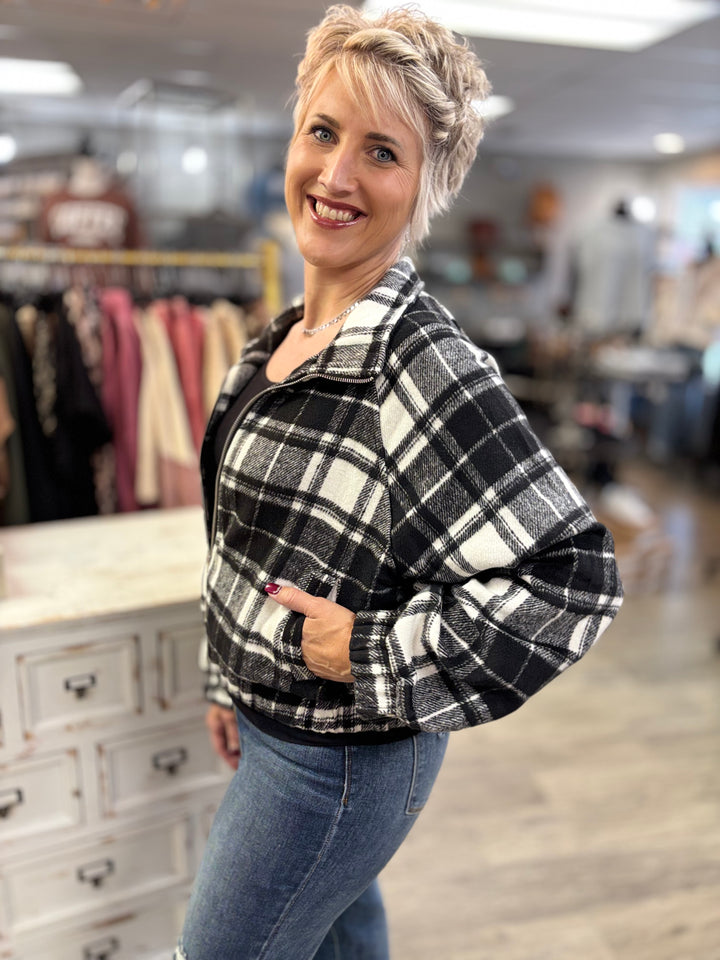 Plaid Mode Zip-Up Jacket-Tops-HYFVE-Evergreen Boutique, Women’s Fashion Boutique in Santa Claus, Indiana