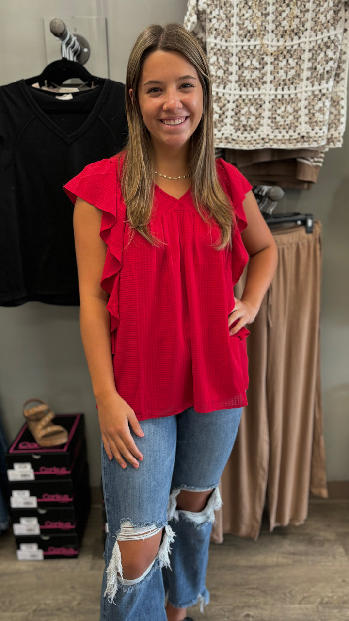 Ruby Jacquard Blouse-Short Sleeves-Doe and Rae-Evergreen Boutique, Women’s Fashion Boutique in Santa Claus, Indiana