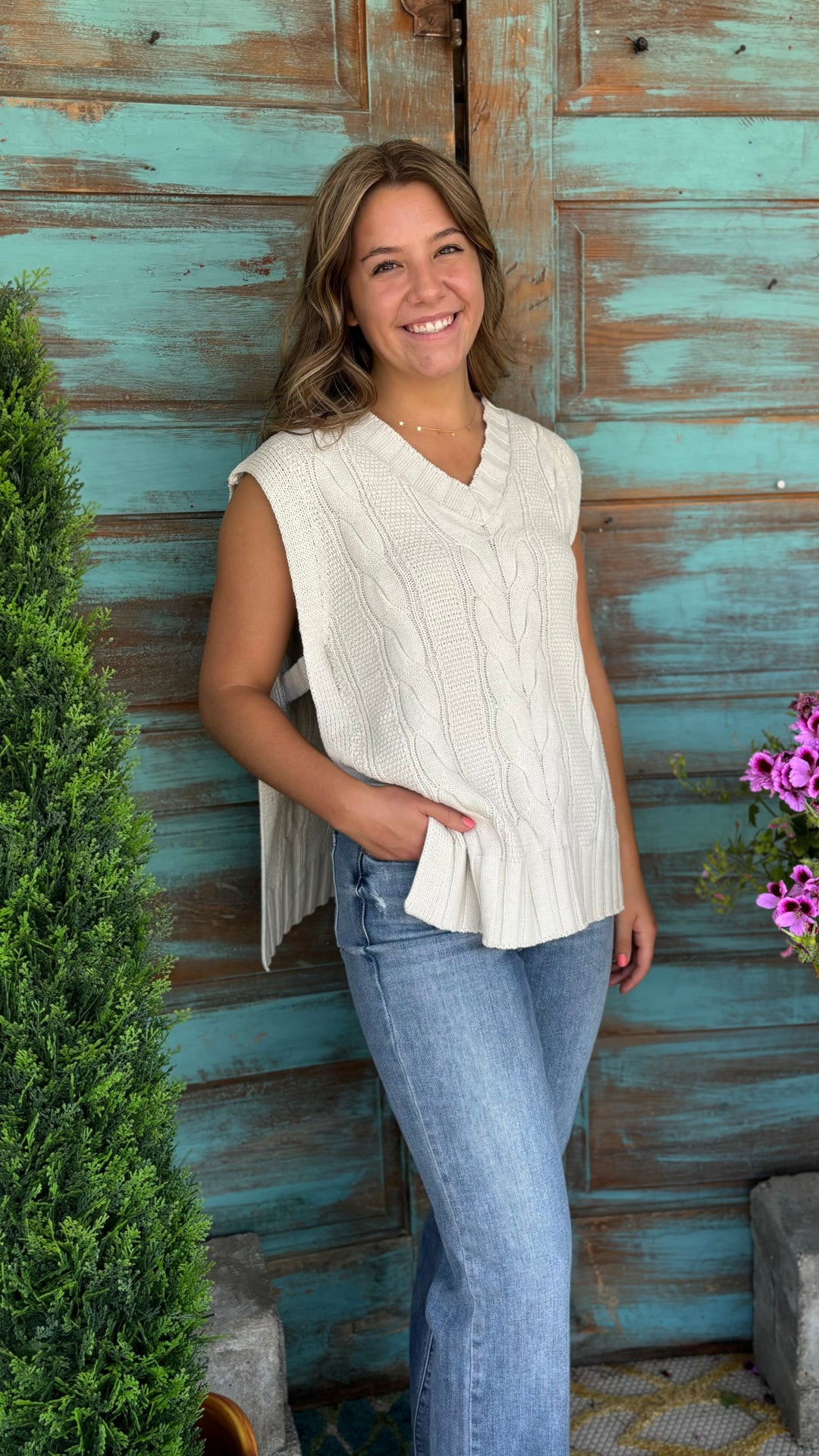 Ellie Cable Sweater Vest-Vests-Doe and Rae-Evergreen Boutique, Women’s Fashion Boutique in Santa Claus, Indiana