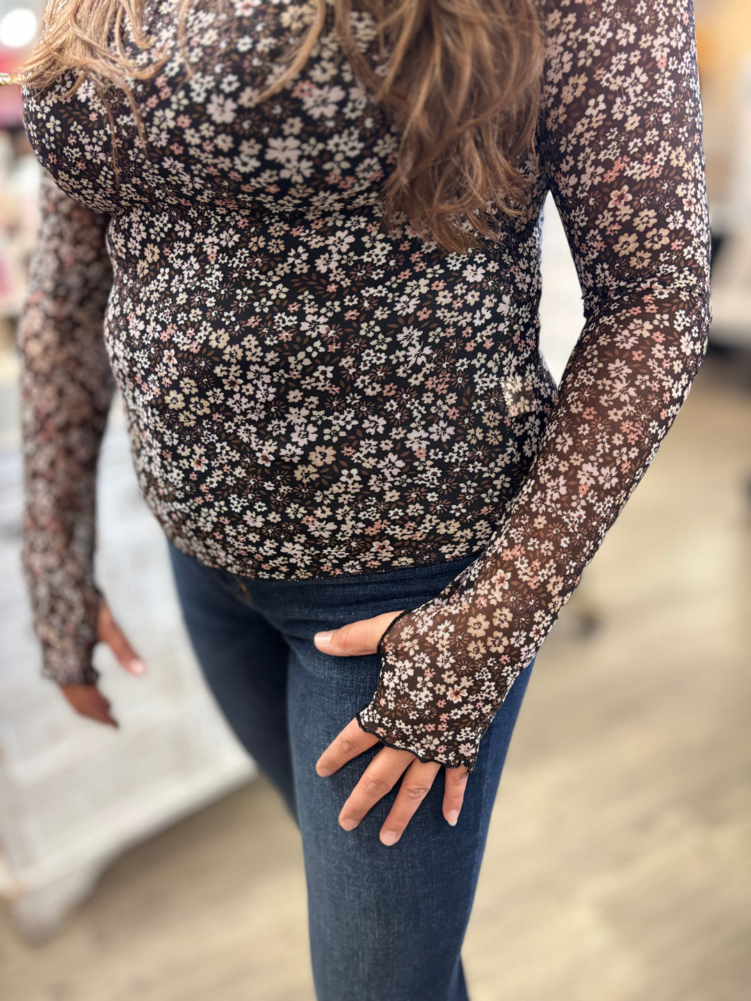 The Eden Floral Print Mesh Top-Tops-Hem & Thread-Evergreen Boutique, Women’s Fashion Boutique in Santa Claus, Indiana
