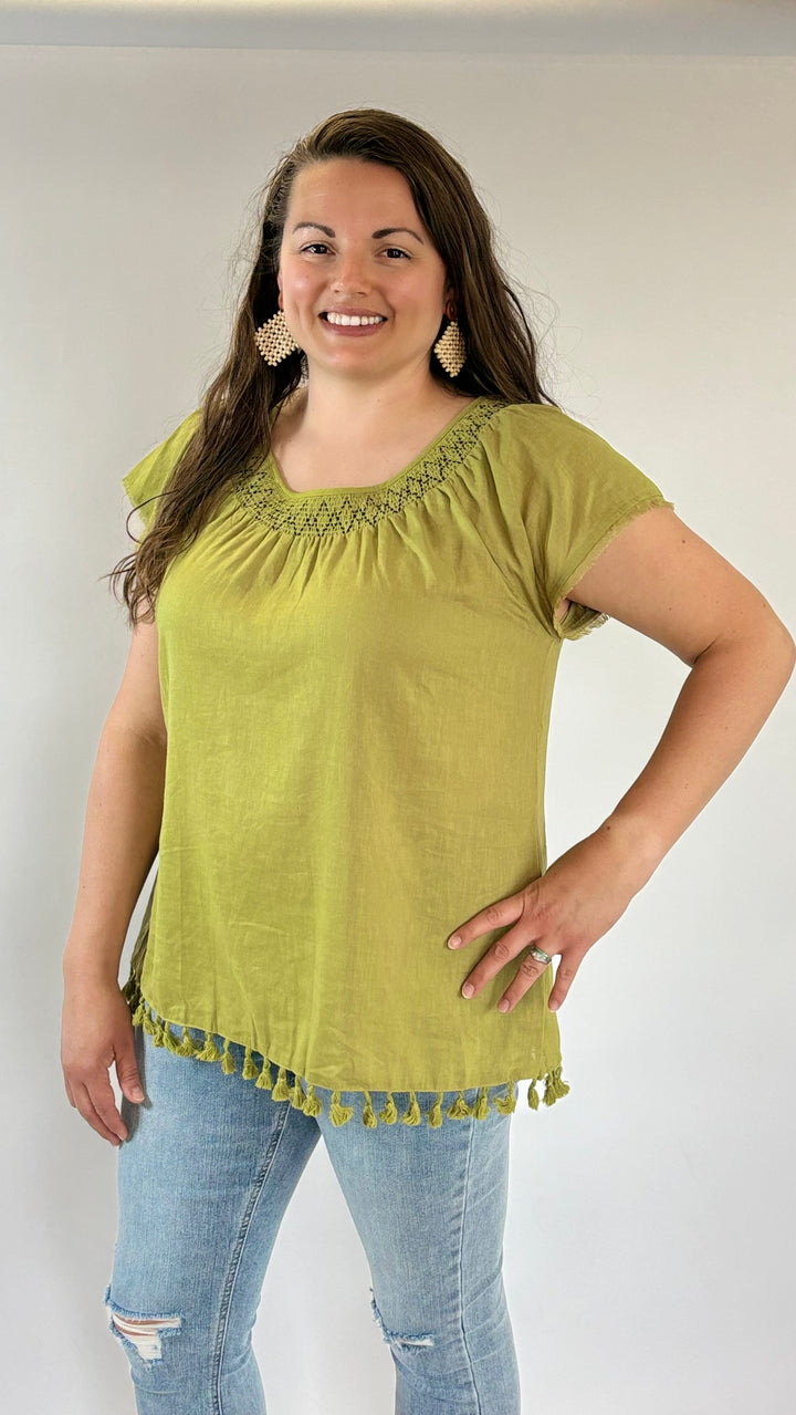 East Fork Tassel Top-Short Sleeves-Easel-Evergreen Boutique, Women’s Fashion Boutique in Santa Claus, Indiana