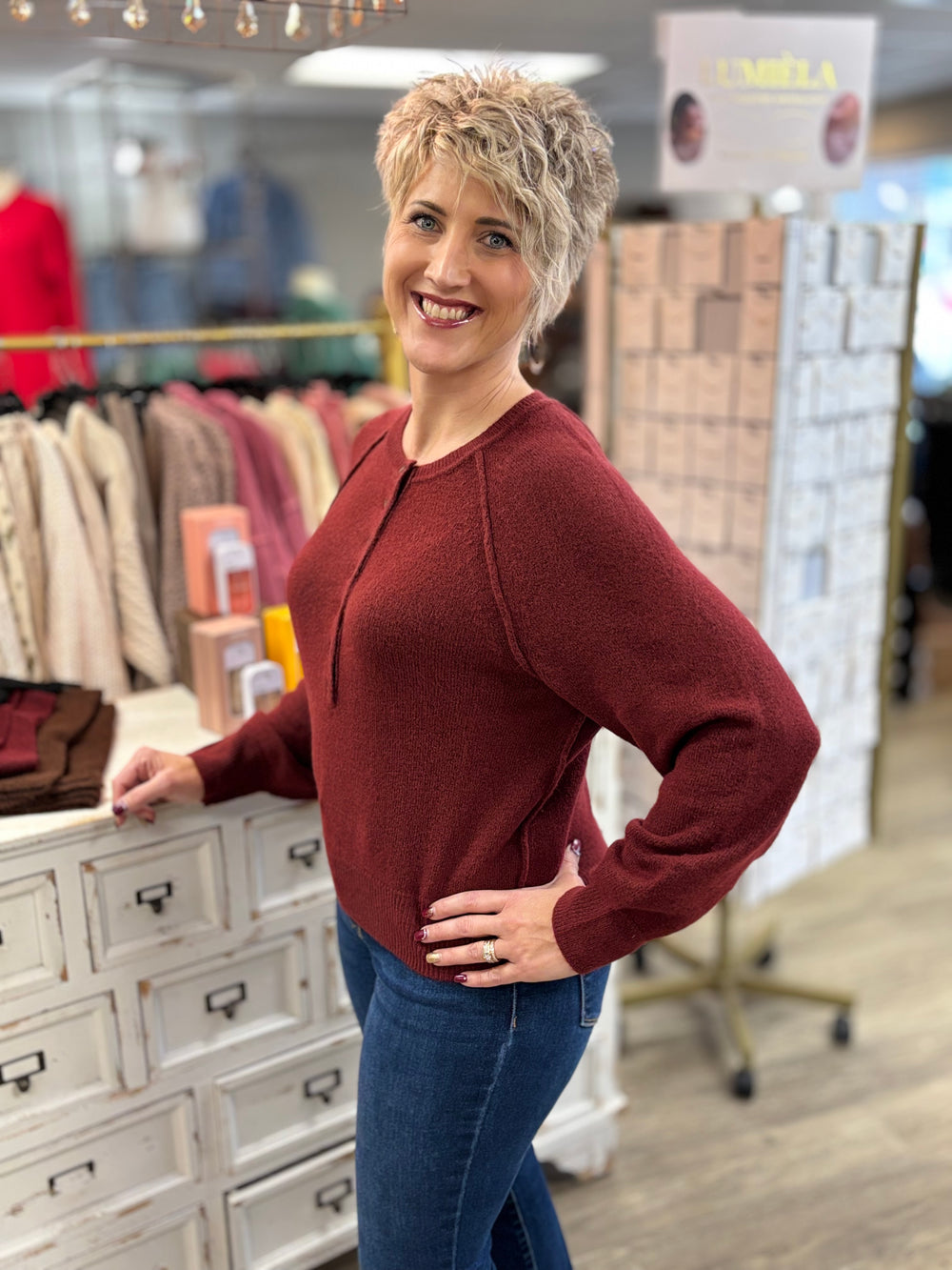 Raglan Sleeve Henley Relaxed Sweater-Tops-Blu Pepper-Evergreen Boutique, Women’s Fashion Boutique in Santa Claus, Indiana