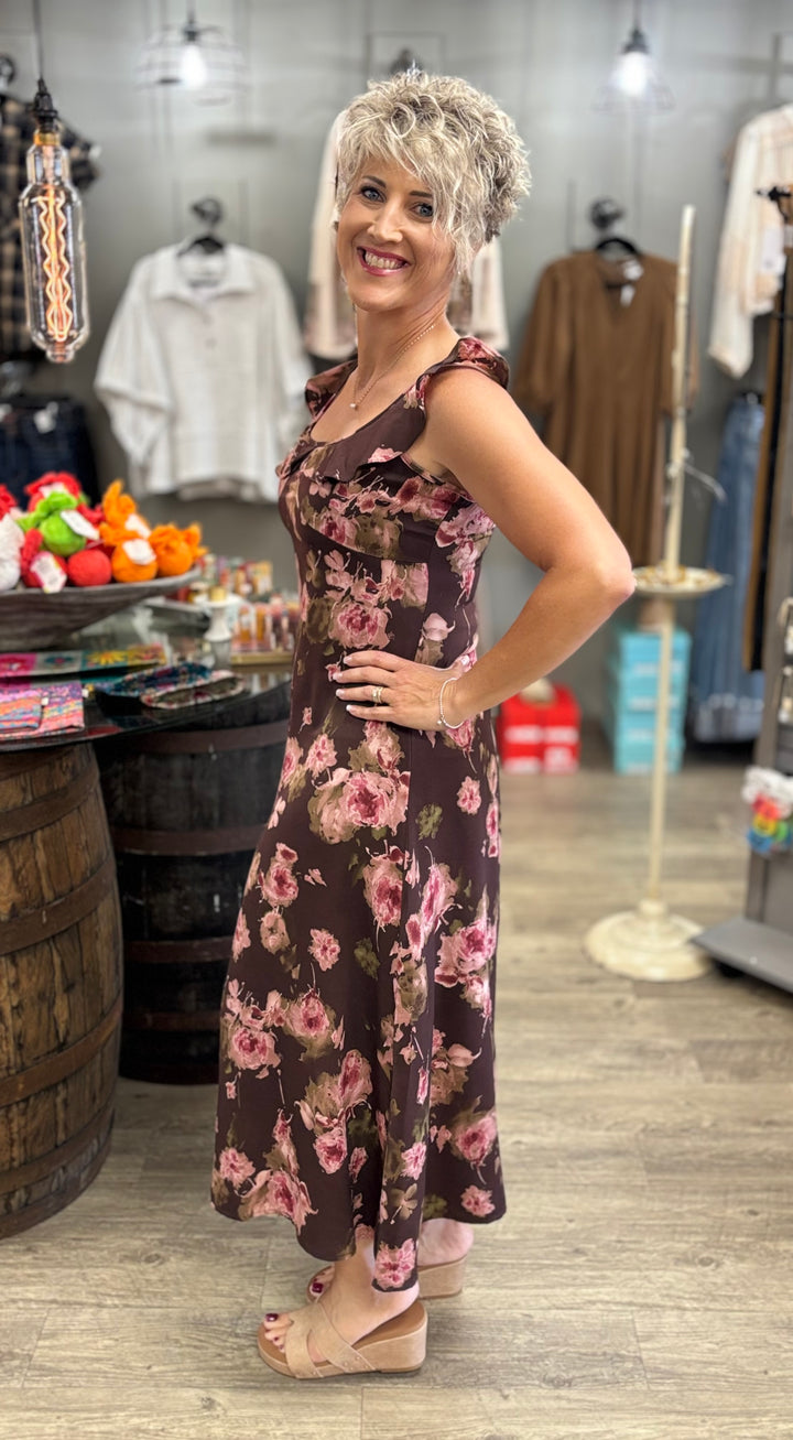 The Rosie Mocha Midi Dress-Dresses-Rosie Posie-Evergreen Boutique, Women’s Fashion Boutique in Santa Claus, Indiana