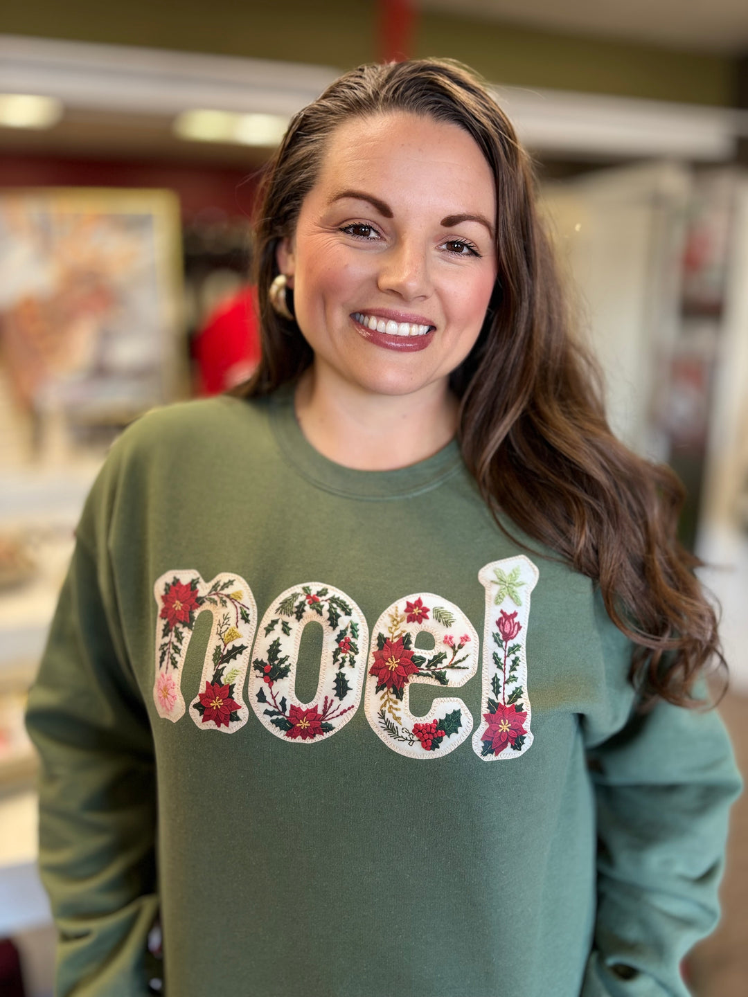 Noel Faux Yarn Graphic Holiday Sweatshirt-Tops-LICT Apparel-Evergreen Boutique, Women’s Fashion Boutique in Santa Claus, Indiana