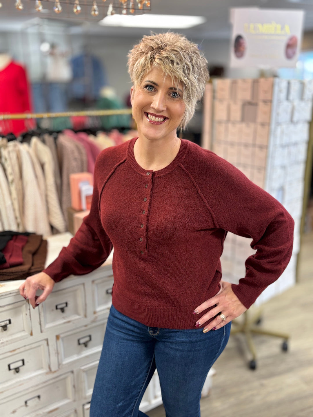 Raglan Sleeve Henley Relaxed Sweater-Tops-Blu Pepper-Evergreen Boutique, Women’s Fashion Boutique in Santa Claus, Indiana