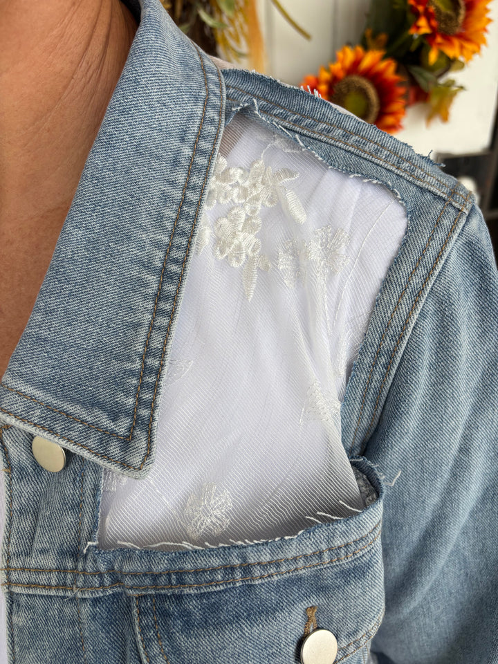 The Rosalie Lace and Denim Jacket-Jackets-Davi & Dani-Evergreen Boutique, Women’s Fashion Boutique in Santa Claus, Indiana
