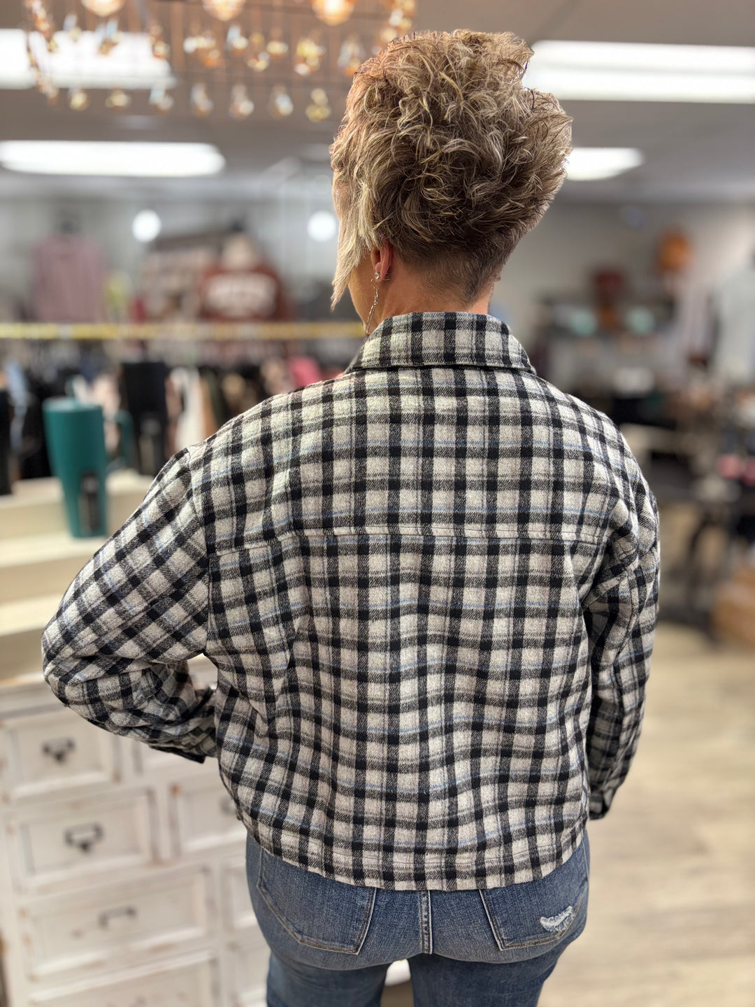 Chill Check Plaid Short Jacket-Tops-HYFVE-Evergreen Boutique, Women’s Fashion Boutique in Santa Claus, Indiana
