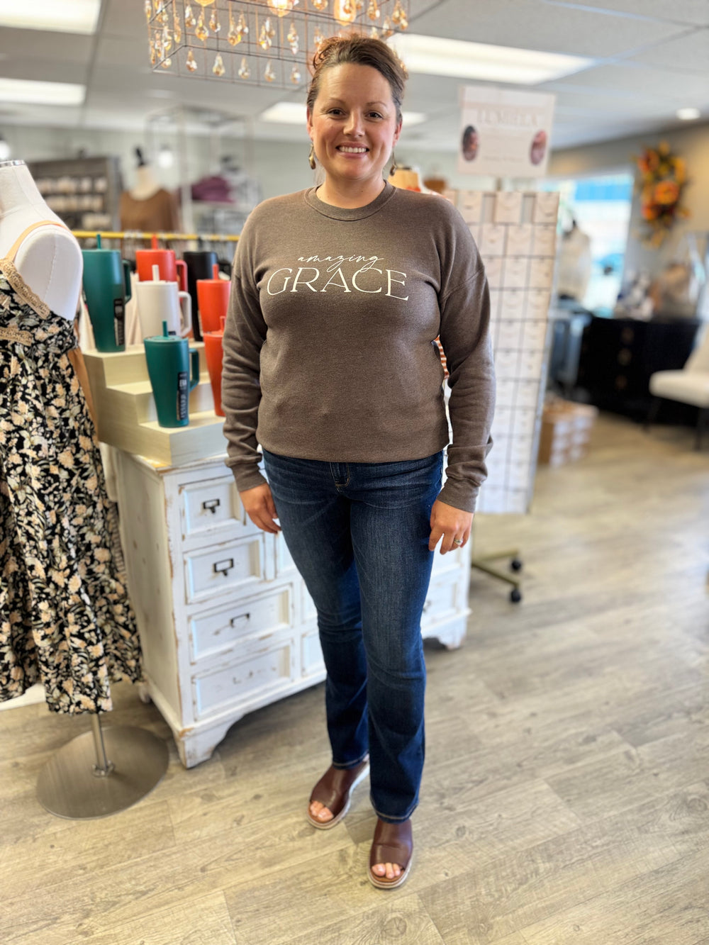 Amazing Grace Mineral Brown Sweatshirt-Tops-HRTandLUV-Evergreen Boutique, Women’s Fashion Boutique in Santa Claus, Indiana