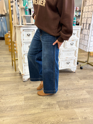 Judy Blue High Waist Tummy Control Claudia Ankle Wide Deep Indigo Denim Jeans