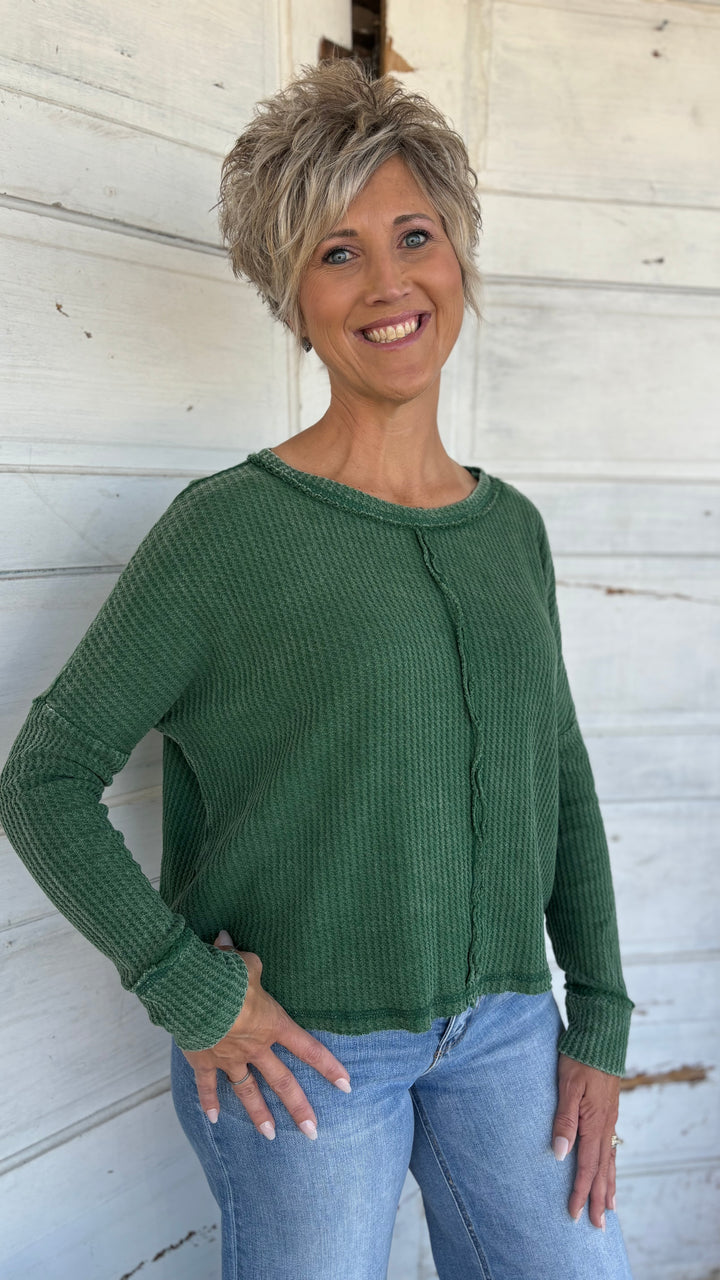 Zenana Good Good Washed Waffled Top-Long Sleeves-Zenana-Evergreen Boutique, Women’s Fashion Boutique in Santa Claus, Indiana