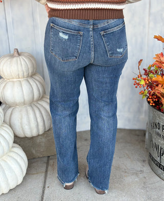 Judy Blue High Waist 90's Knee Destroy Straight-Denim-JUDY BLUE-Evergreen Boutique, Women’s Fashion Boutique in Santa Claus, Indiana