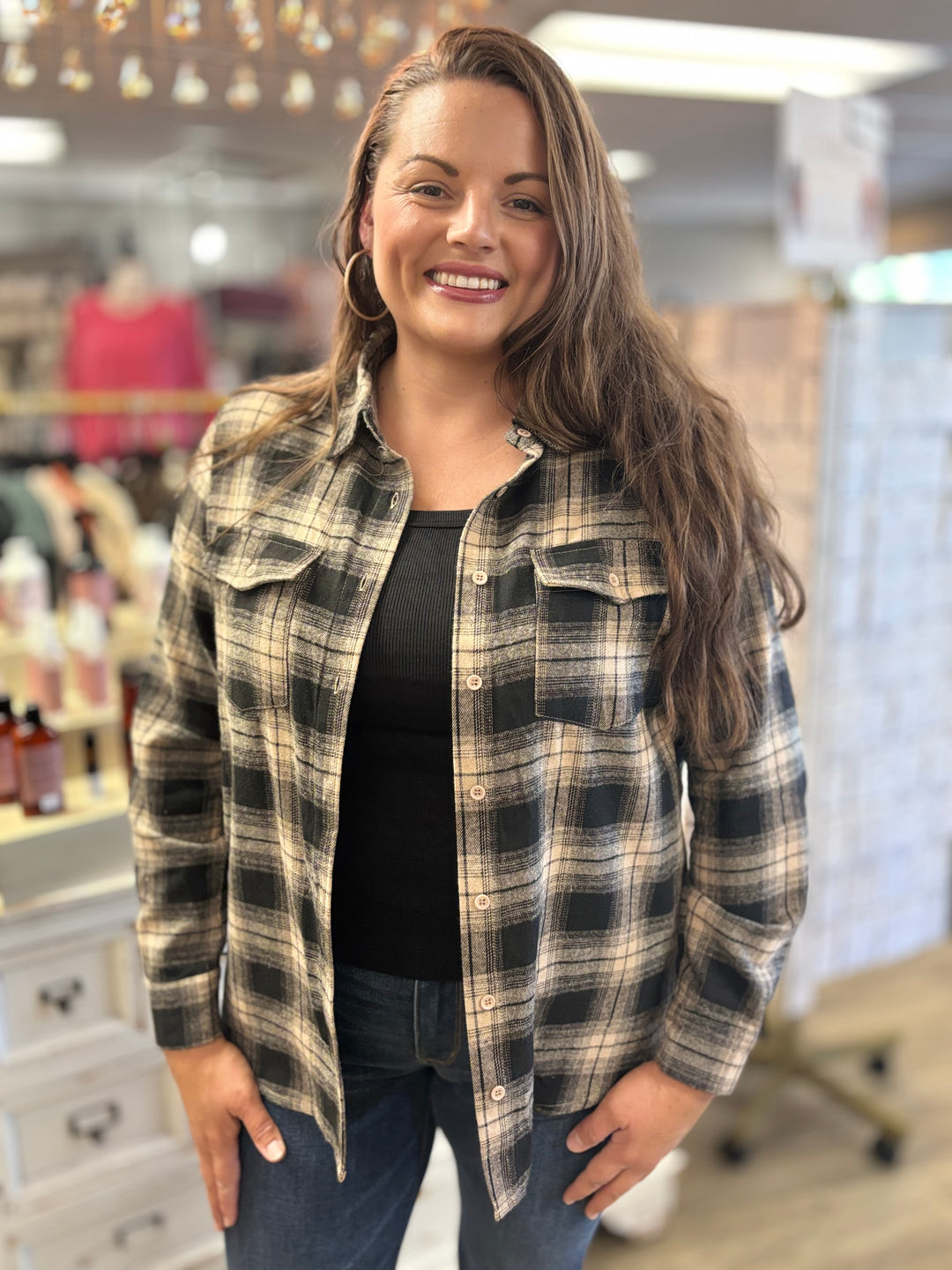 The Retro Plaid Button Down Shacket-Tops-Kentce-Evergreen Boutique, Women’s Fashion Boutique in Santa Claus, Indiana