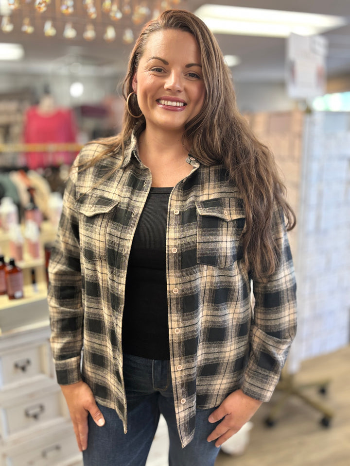 The Retro Plaid Button Down Shacket-Tops-Kentce-Evergreen Boutique, Women’s Fashion Boutique in Santa Claus, Indiana
