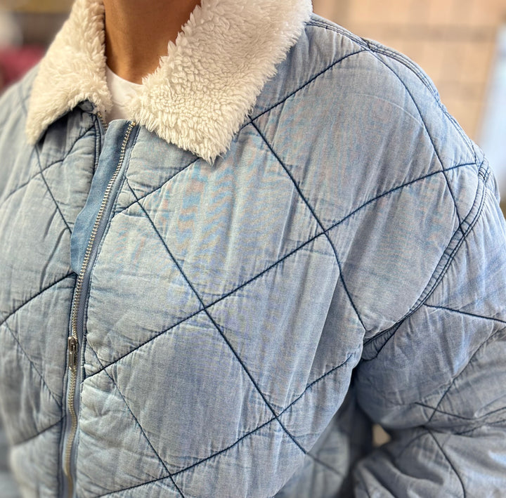 Quilted Chill Sherpa Collar Denim Jacket